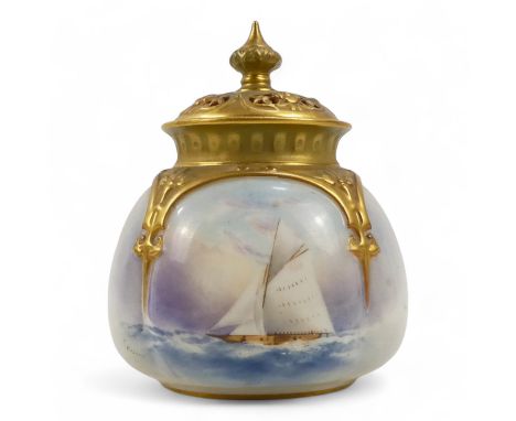 A Royal Worcester potpourri - of squat lobed form and with a reticulated cover, decorated with a sailing vessel and seascape 