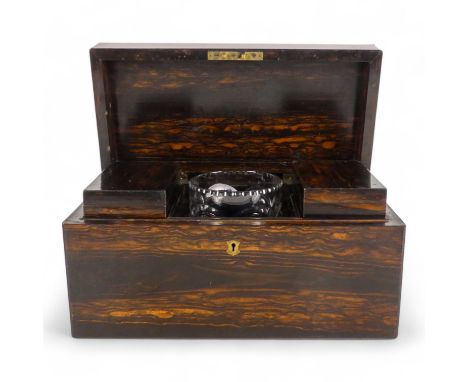 A Victorian coromandel tea caddy - by Lund of Cornhill London, rectangular with two canisters and a mixing bowl.