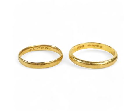 A 22ct gold wedding band - size R, 4.2g, together with another size L, 2.6g.