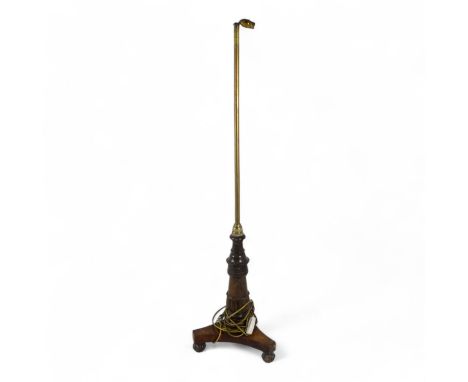 A William IV rosewood firescreen stand - now converted as a standard lamp, with a tripod base, 136cm high.
