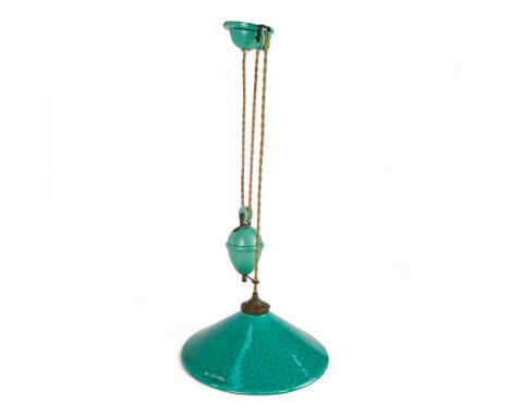 A 20th century French adjustable ceiling light by Terre D'Huteniboul - with celadon glazed shade, counter-weight and rose, on