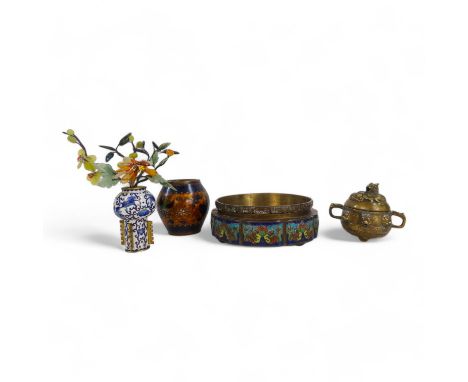 A cloisonne vase set with hardstone flowers - 16cm high, together with a small cloisonne vase, a bronze censer and an enamell