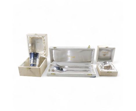 A silver Christofle christening set - boxed, engraved with ownership initials, together with a napkin ring and a christening 