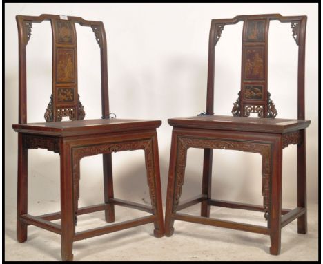 A pair of 19th / 20th century Zhejaing province carved poplar wood tea chairs. Squared legs united by peripheral stretchers h