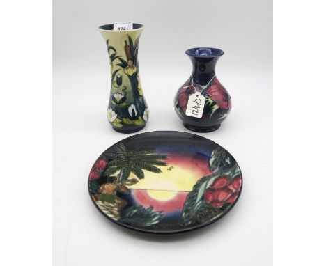 A Moorcroft Lamia pattern vase, an Anemone pattern vase, together with a millennium Birth of Light plate, all with boxes Cond