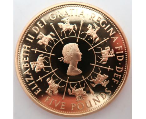 ELIZABETH II&nbsp;40th Coronation Jubilee; Gold Proof&nbsp;5 Pounds 1993 Obverse at the centre is the young head portrait of 