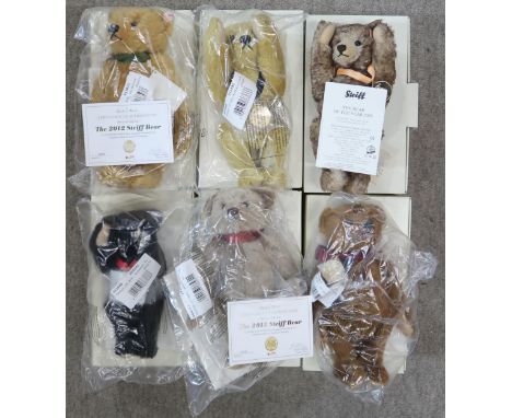 Six contemporary Steiff bears, sealed in their original packaging, to include 2009, 2012, 2013 and Titanic bears produced for