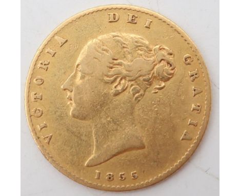 VICTORIA&nbsp;½ Sovereign 1855 Obverse young uncrowned portrait of Queen Victoria left, legend around, date below&nbsp;VICTOR