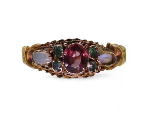 A 15ct gold opal pink &amp; green gem set ring, with Birmingham hallmarks for 1870, size O, weight 1.5gms Condition Report:Av