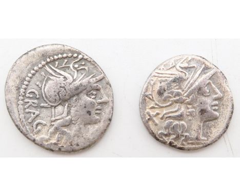 ROMAN REPUBLIC&nbsp;Lucius Antestius Gragulus (136 BC)&nbsp; Obverse helmeted head of Roma right, mark of value XVI in monogr