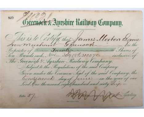 A Greenock &amp; Ayrshire Railway Company share certificate "This is to certify that James Morton Esquire from merchant Green
