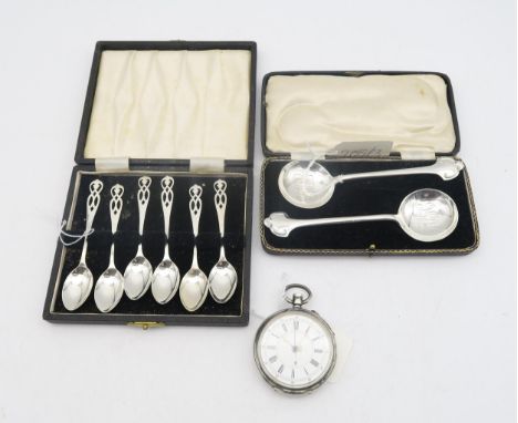 A cased pair of silver spoons, by Joseph Rodgers &amp; Sons, Sheffield, with monogrammed bowls, a continental silver cased po
