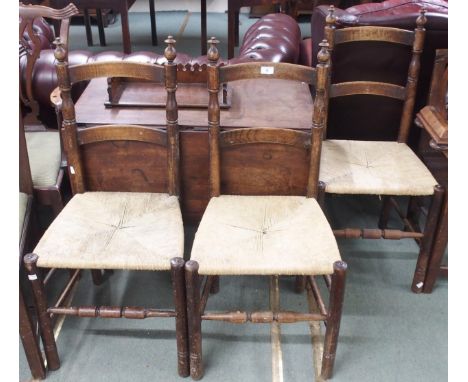A lot comprising 19th century drop end table, 69cm high x 86cm wide x 46cm deep, three elm rushed seat ladder back chairs and