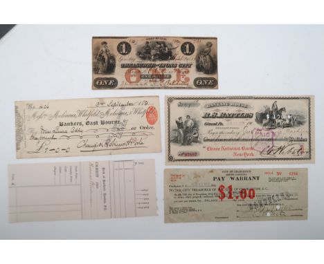 A lot to include a 19th century State of Iowa Treasurer of Lyons City one dollar bill, 1932 City of Charleston, South Carolin