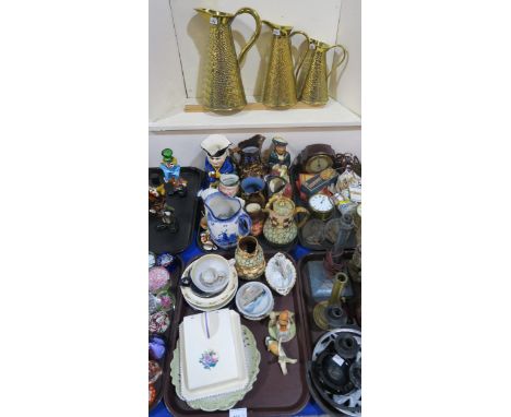 A Royal Doulton Norfolk pattern jug, Sadler three piece teaset, toby jugs, Poole pottery butter dish, three brass jugs, cigar