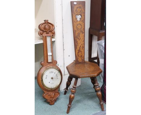 A lot comprising a late Victorian oak Arts &amp; Crafts Pollock &amp; Stewart, Glasgow barometer/thermometer, 84cm high x 26c