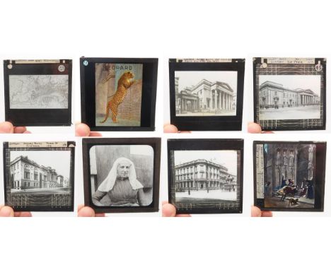 A selection of monochrome glass photographic slides, some depicting Glasgow buildings of architectural significance, Rollei P