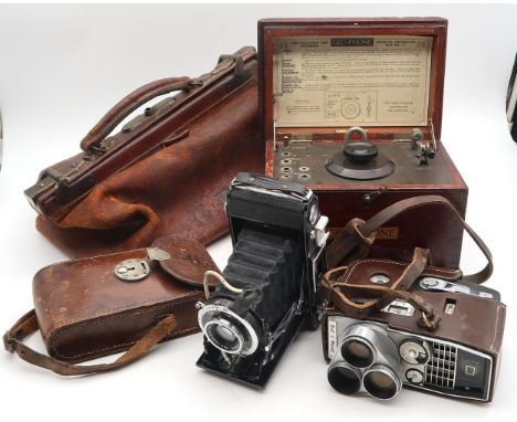 A small leather Gladstone bag, monogrammed "G.P.", cased&nbsp;Gecophone&nbsp;Crystal Detector Set No. 1, Zeiss Ikon folding c