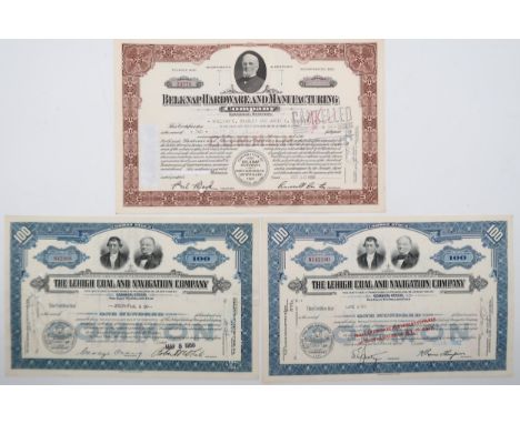 A lot comprising two 20th century The Lehigh Coal and Navigation Company 100 share common stock certificates and a 20th centu