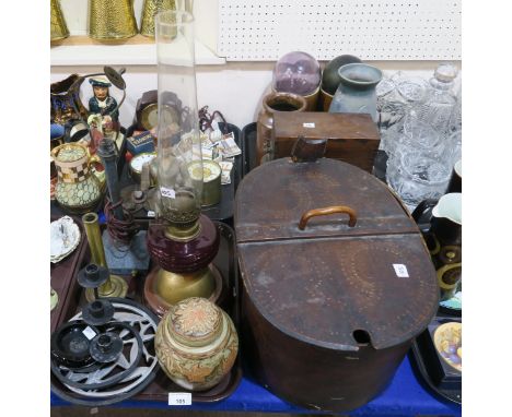 A Moser purple glass ashtray, an early mottled blue bakelite table lamp, a Scandinavian wooden box, stoneware ginger jar etc 