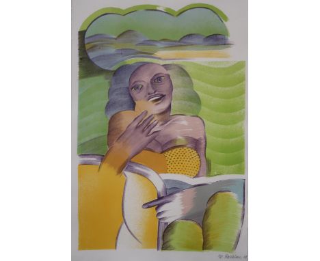 MICHAEL ROSCHLAU (GERMAN b.1942) &nbsp;PORTRAIT OF WOMAN IN PURPLE AND GREEN &nbsp;Lithograph, signed lower right, dated (19)