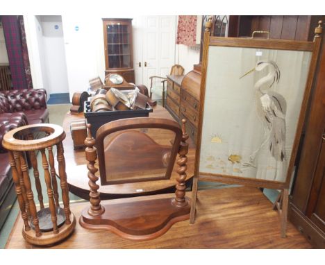 A lot comprising Victorian oak framed tapestry fire screen, mahogany toilet mirror and an umbrella stand (3) Condition Report