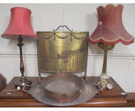 A lot comprising brass Regency style fire screen, silver plate twin handled serving tray, copper twin handled bowl and two as