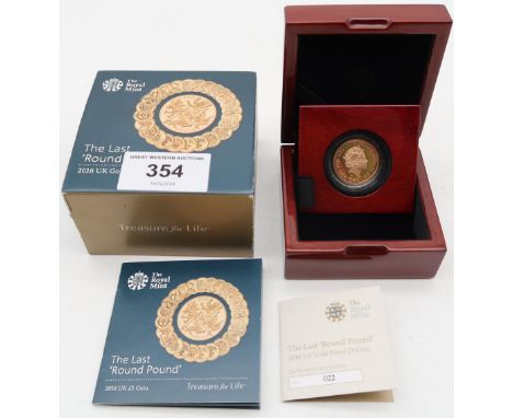 ELIZABETH II&nbsp;Last Round Pound; Royal Mint Gold Proof 2016 Obverse fifth crowned portrait of HM Queen Elizabeth II right,