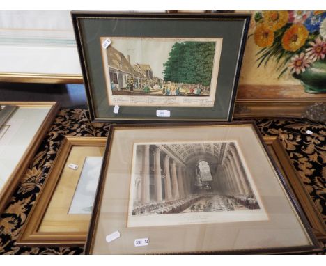 Three 19thC engravings and a landscape print, all framed (4)