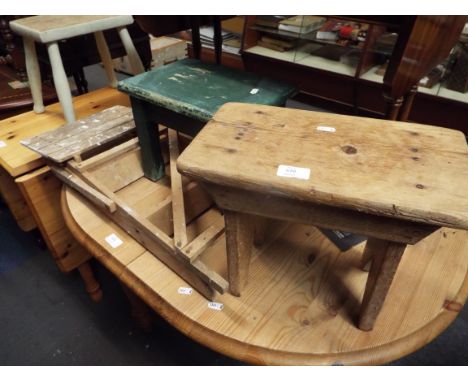 Three painted pine stools and a two-tread step ladder