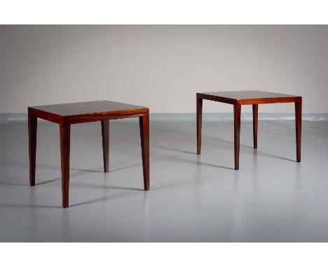 TWO ROSEWOOD LAMP TABLES, DANISH 1960s, one 55cm x 55cm x 50cm and the second 59cm x 59cm x 50cm, bearing labels. (2)