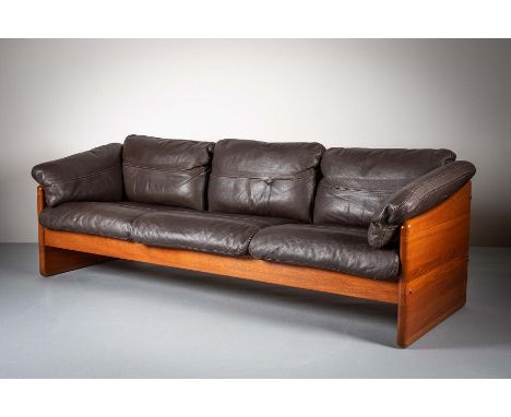 A TEAK PANELLED THREE SEAT SOFA, DANISH 1970s, BY MIKAEL LAURSEN, upholstered in leather,  215cm (w) x 75 cm (d)