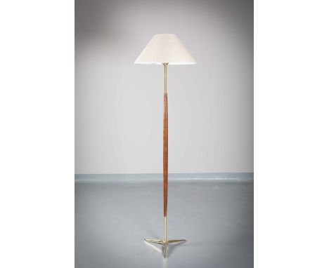 AN ITALIAN TEAK AND BRASS MOUNTED STANDARD LAMP, 1960s, 161 cm (h)