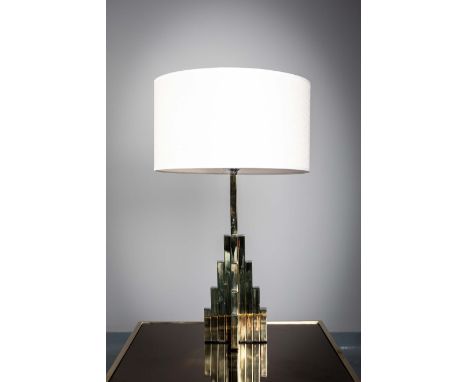 A CHROME AND GILT TABLE LAMP, 1970' s, on stepped base, 25 cm ( w) x 25 (d) x 50 (h). 