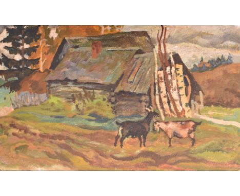 20th Century Russian School - a 20th century circa 1965 oil on cardboard paper landscape painting. The painting depicting a f