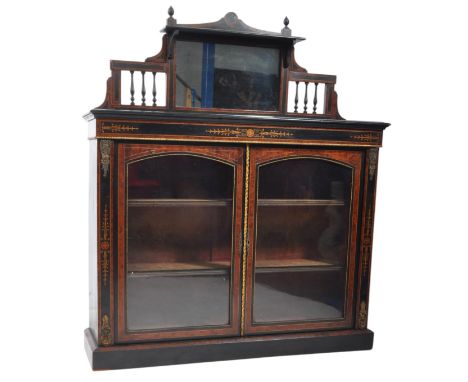 A 19th century Victorian ebonised walnut inlaid marquetry display cabinet vitrine. The cabinet having a mirrored gallery back