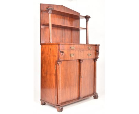 An early 19th century George III Regency mahogany chiffonier sideboard. The chiffonier having raised back with a decorative c