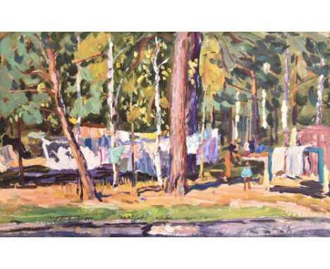 20th century Russian School - a circa 1973 oil on board landscape painting depicting clothes drying by river bank. Signed, ti