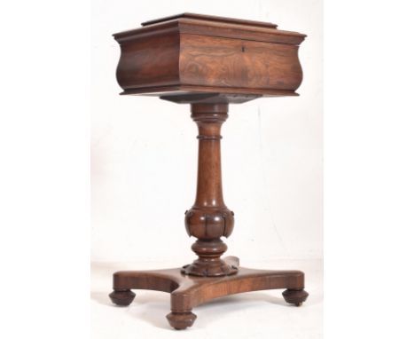 A William IV early 19th century rosewood teapoy caddy on stand. The teapoy having stepped top opening to reveal a complete ap