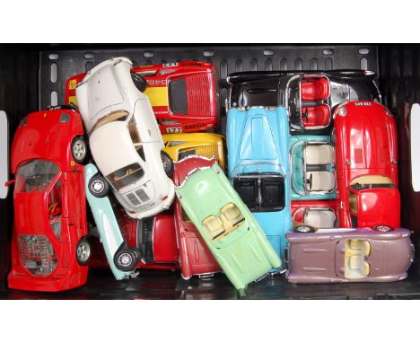 2 trays of assorted 1/18th and 1/24th scale diecast, plastic and ceramic model vehicles, all saloons, to include Triang Minic