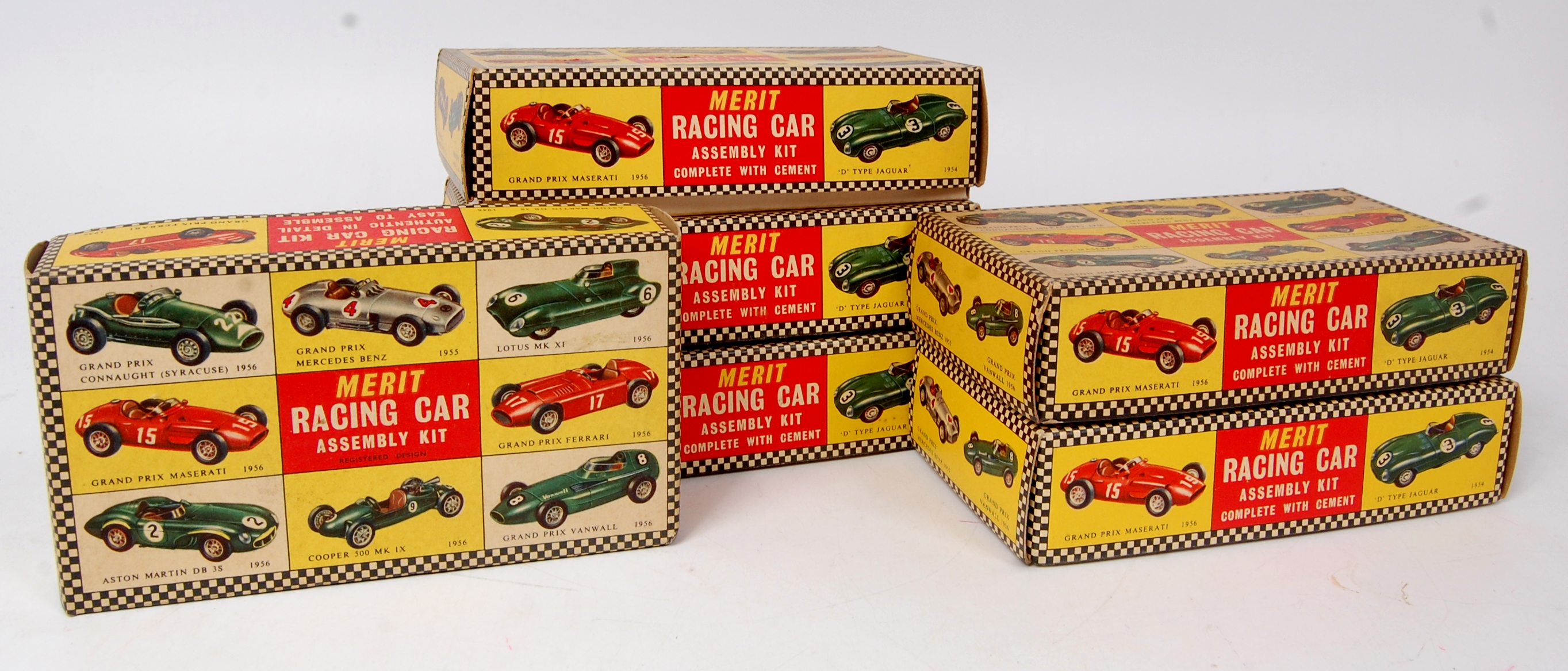 Merit 1/24th scale plastic Racing Car Assembly Kit group, 6 boxed as