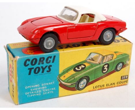 Corgi Toys, 319 Lotus Elan Coupe, with detachable chassis, red body, white top, cast hubs, with club leaflet in blue and yell