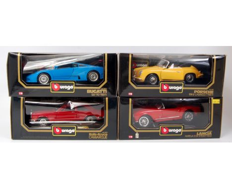 Burago 1/18th scale diecast vehicle group, 8 boxed as issued examples, to include Bugatti EB 110, Porsche 356B Cabriolet, Lam