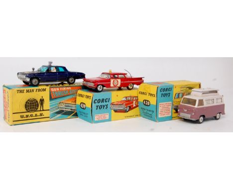 Corgi Toys boxed diecast group, 3 examples to include No.420 Ford Thames Airborne Caravan, in lilac and purple (G-BG), No.439