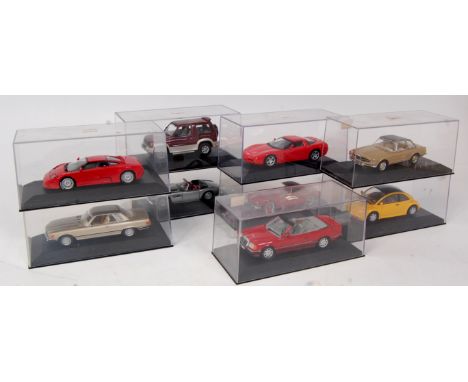 9 plastic cased Minichamps 1/43rd scale diecast vehicles, missing cardboard box outer's, examples to include VW Beetle, Merce