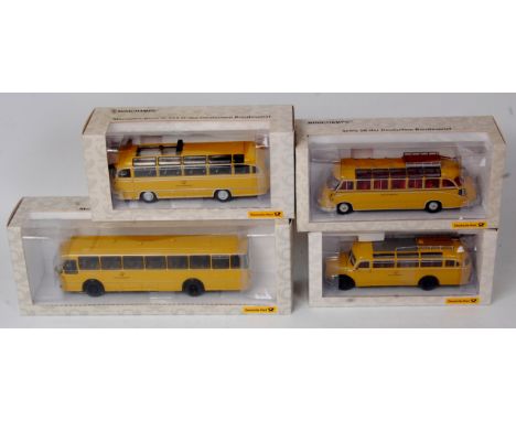 Minichamps 1/43rd scale Deutsche Post public transport group, 4 boxed examples, to include No.006266 Mercedes Benz 0 321 H, N