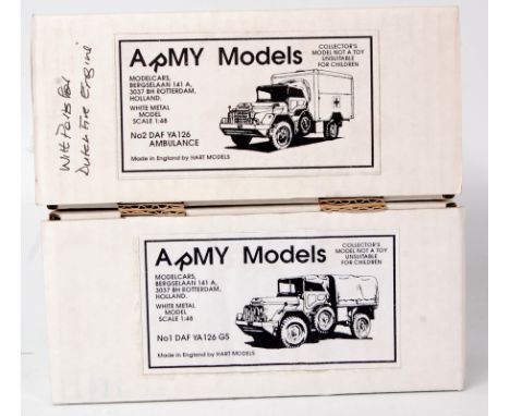 Hart Models 1/48th scale white metal kit group, 2 boxed as issued examples to include No. DAF YA 126 GS with canvas back, and