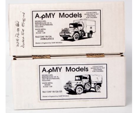 Hart Models 1/48th scale white metal kit group, 2 boxed as issued examples to include No. DAF YA 126 GS with canvas back, and