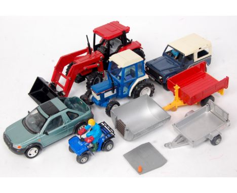 8 assorted Britains and ERTL Farm diecast vehicles and attachments, to include Ford 2120 Tractor with cab, Britains Four Trax