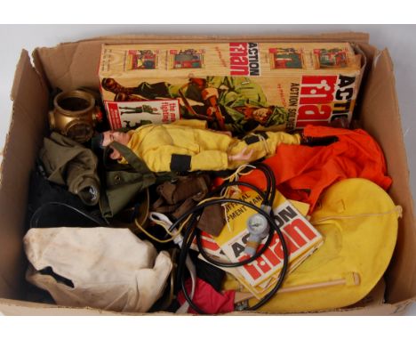 Action Man and Gilbert Action Figure and Accessory group, to include a boxed Action Man Action Soldier (Box Poor), brown pain